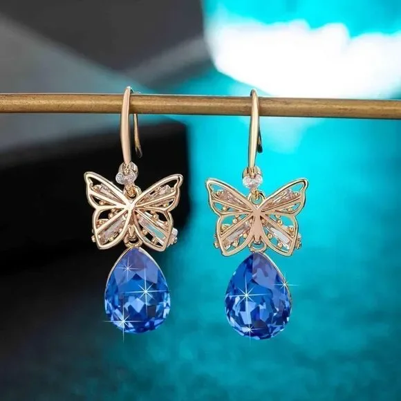 14K Rose Gold with Bermuda Blue Austrian Crystal Butterfly Teardrop Earrings